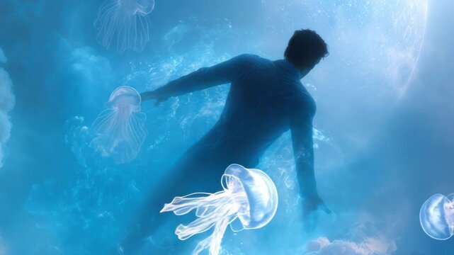 Ethereal man drifts through a dreamlike celestial realm amidst a luminous moon and floating jellyfish