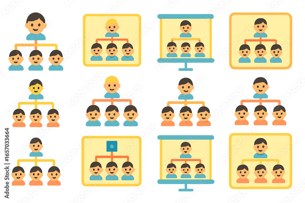 Poster organization chart flat icon set. hierarchy, structure icons flat collection