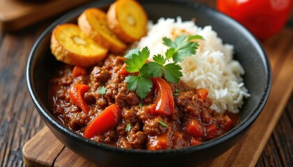 Fototapeta premium Authentic Ropa Vieja dish featuring shredded beef slow cooked in tomato and bell pepper sauce. Served with white rice and fried plantains, this Cuban meal offers delicious Caribbean cuisine flavors.