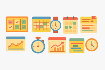 Project management flat icon set. task, schedule, clock, calendar, plan, chart icons