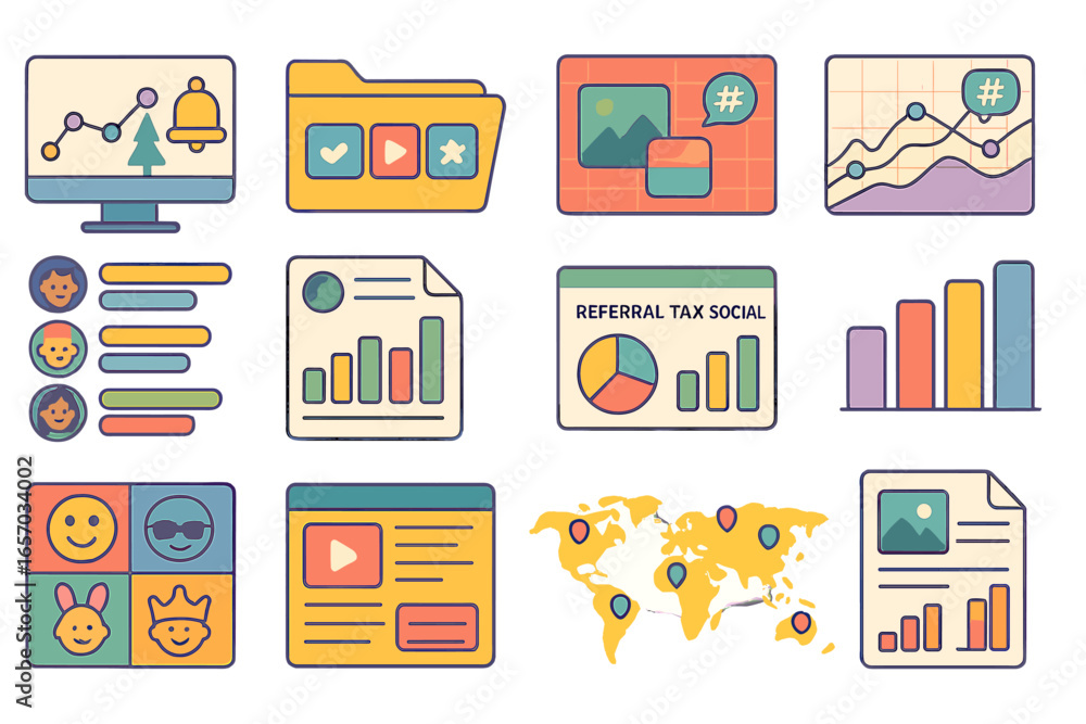 Poster business and analytics icon set. flat style data visualization, chart icons collection