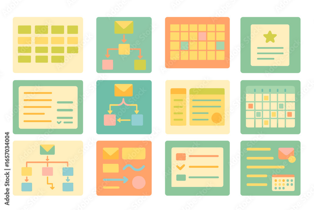 Poster business workflow icon set. project, task management icons filled collection