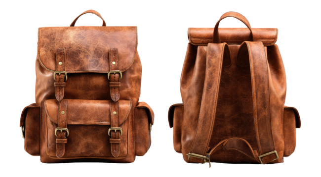 Front and back view of a brown leather backpack.  Dual buckles,  multiple pockets,  classic style