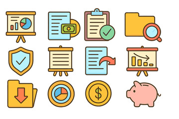 Business and finance flat icon set. charts, money, documents, files, savings