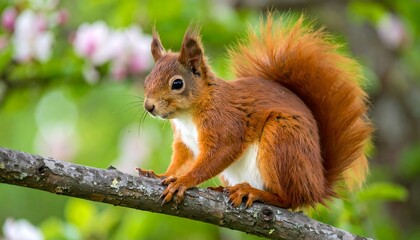 Fototapeta premium Red squirrel on branch, springtime