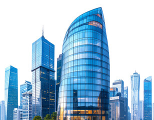 Obraz premium Futuristic Glass Skyscraper with Curved Blue Panels Realistic Urban Architecture Isolated on Transparent Background