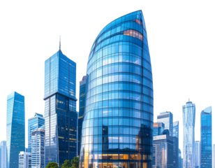 Futuristic Glass Skyscraper with Curved Blue Panels Realistic Urban Architecture Isolated on Transparent Background