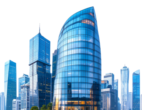 Futuristic Glass Skyscraper with Curved Blue Panels Realistic Urban Architecture Isolated on Transparent Background