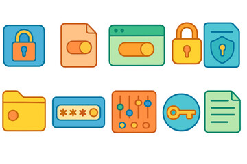 Security and privacy flat icon set. locks, passwords, folder, shield, key icons