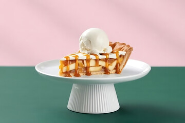 A slice of apple pie with caramel drizzle and ice cream on a white pedestal against a pink background