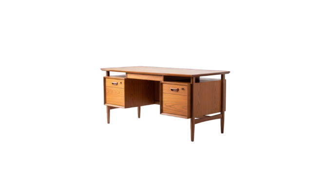 Mid-century wooden desk with drawers and minimalist design on dark backdrop