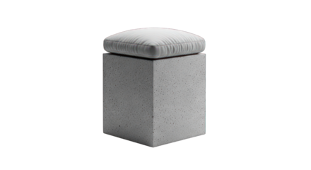 Minimalist stool grey textured cube base with a soft, white cushion on top