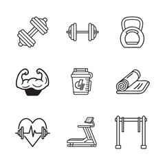 Fitness and Gym Workout Outline Vector Icon Set | A collection of vector symbols for exercise, bodybuilding, and a healthy lifestyle.