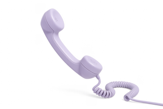 Purple vintage telephone receiver with cable on transparent background