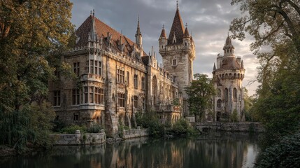 Fototapeta premium Picturesque stone castle by a tranquil water feature.