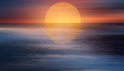 Seascape with neon sunset, ocean waves and rocks. © Terablete