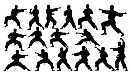 Various karate poses depicted in silhouette.
