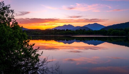 Serene sunset over a still lake, reflecting mountains.