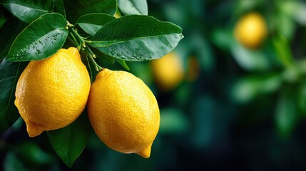 Vibrant fresh yellow lemons hanging on lush green branches, symbolizing natural food and healthy living.