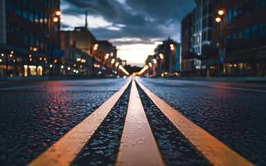 Fototapeta premium The low-angle street photography captures a vibrant urban road with a bold yellow line, wet asphalt texture, perspective view, city buildings, warm streetlights, and dramatic evening sky.