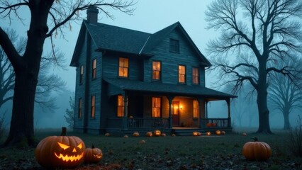 Eerie autumn night at haunted house with glowing jack-o'-lanterns and spooky atmosphere