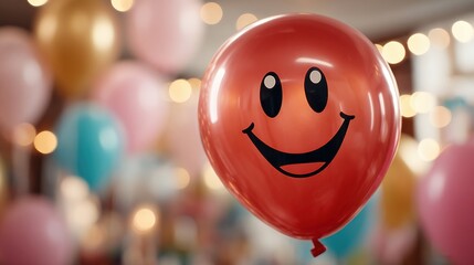 A cheerful red balloon with a smiley face floats amidst a vibrant, festive bokeh background, evoking joy and celebration. Ideal for party and celebration themes.