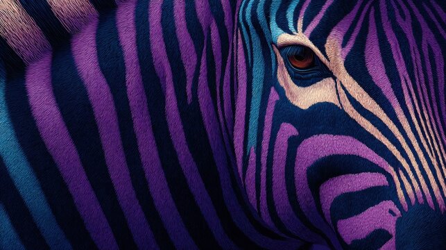 Close-up illustration of a zebra's face with stylized purple and blue stripes, perfect for fashion and interior design.