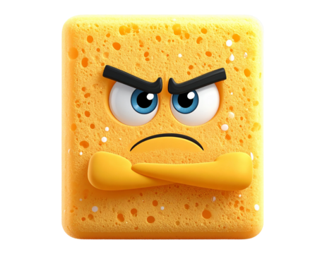 Grumpy Cartoon Sponge Character with Arms Crossed Isolated on Transparent Background