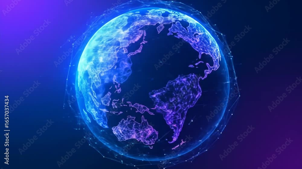 Poster animated digital earth globe with data connections, rotating and glowing visuals in cyberspace