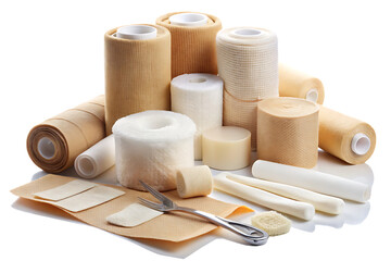 Naklejka premium Collection of bandages and other medical supplies isolated on white background PNG, AI GENERATED