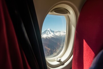 View of mountain peaks from airplane window. Mountains covered with snow travel, tourist destinations. landscape is serene and peaceful, with snow-capped peaks. adventures.