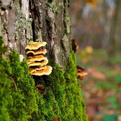 Fungi on mossy tree trunk