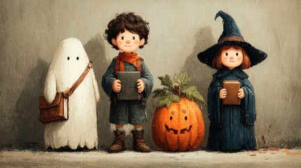 Fototapeta premium A collection of vintage style Halloween characters including a ghost, pumpkin and witch. Vector illustration