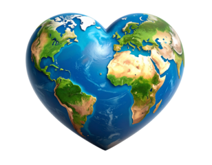 Heart Shaped Earth Globe with Realistic World Map, Isolated on Transparent Background