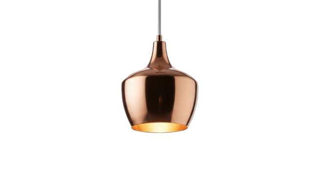 Polished copper pendant light fixture isolated on black