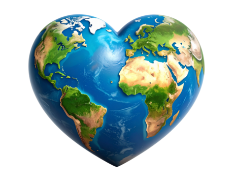 Heart Shaped Earth Globe with Realistic World Map, Isolated on Transparent Background