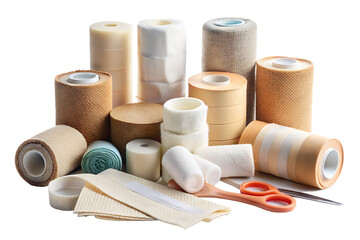 Collection of bandages and other medical supplies isolated on white background PNG, AI GENERATED