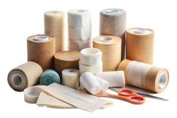 Collection of bandages and other medical supplies isolated on white background PNG, AI GENERATED