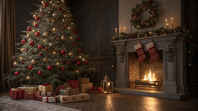 Cozy christmas eve scene with a decorated tree and a roaring fireplace