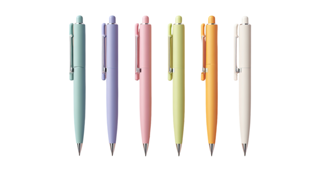 Pastel-colored ballpoint pens in a row