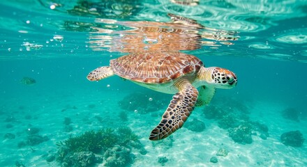 Obraz premium Majestic Sea Turtle Glides Through Crystal Clear Turquoise Waters, Sunlight Reflecting.