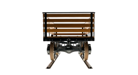 Rear of a vintage wooden wagon with metal frame and wheels, against black