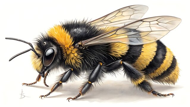 Detailed close up illustration of a fuzzy bumblebee on a white background