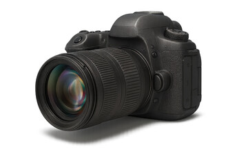 Black professional DSLR camera with lens, isolated on transparent background.