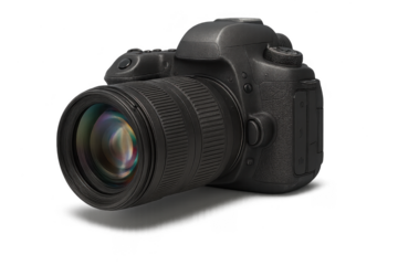 Black professional DSLR camera with lens, isolated on transparent background.
