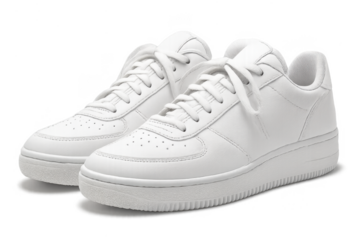 Pair of clean white sneakers isolated on transparent background, sport