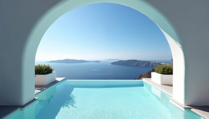 Fototapeta premium Luxury villa infinity pool overlooks Aegean sea caldera in Santorini, Greece. White arch framing blue ocean, island landscape. Private terrace, pristine water, idyllic summer vacation, perfect