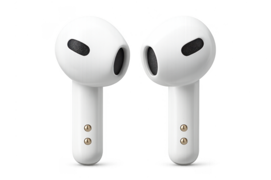 Modern white wireless earbuds isolated on transparent background, sleek design