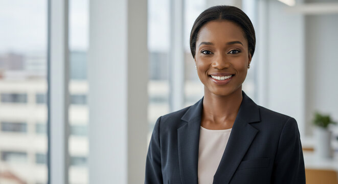 Portrait of a smiling african american businesswoman in a suit in front of a large window