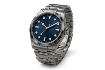 Elegant silver wristwatch with blue dial isolated on a transparent background